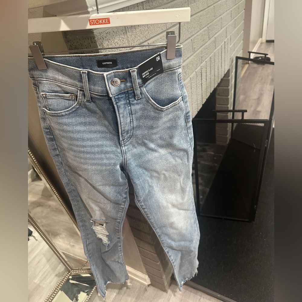 Express Light Blue Distressed Straight Leg Jeans